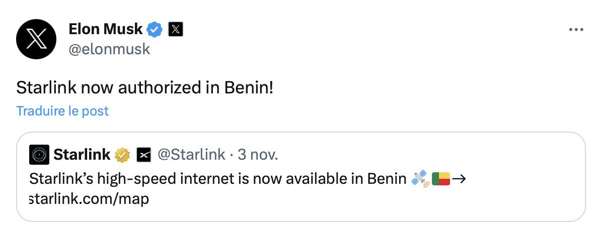 Starlink est disponible au Bénin, Tweet Elon Musk
